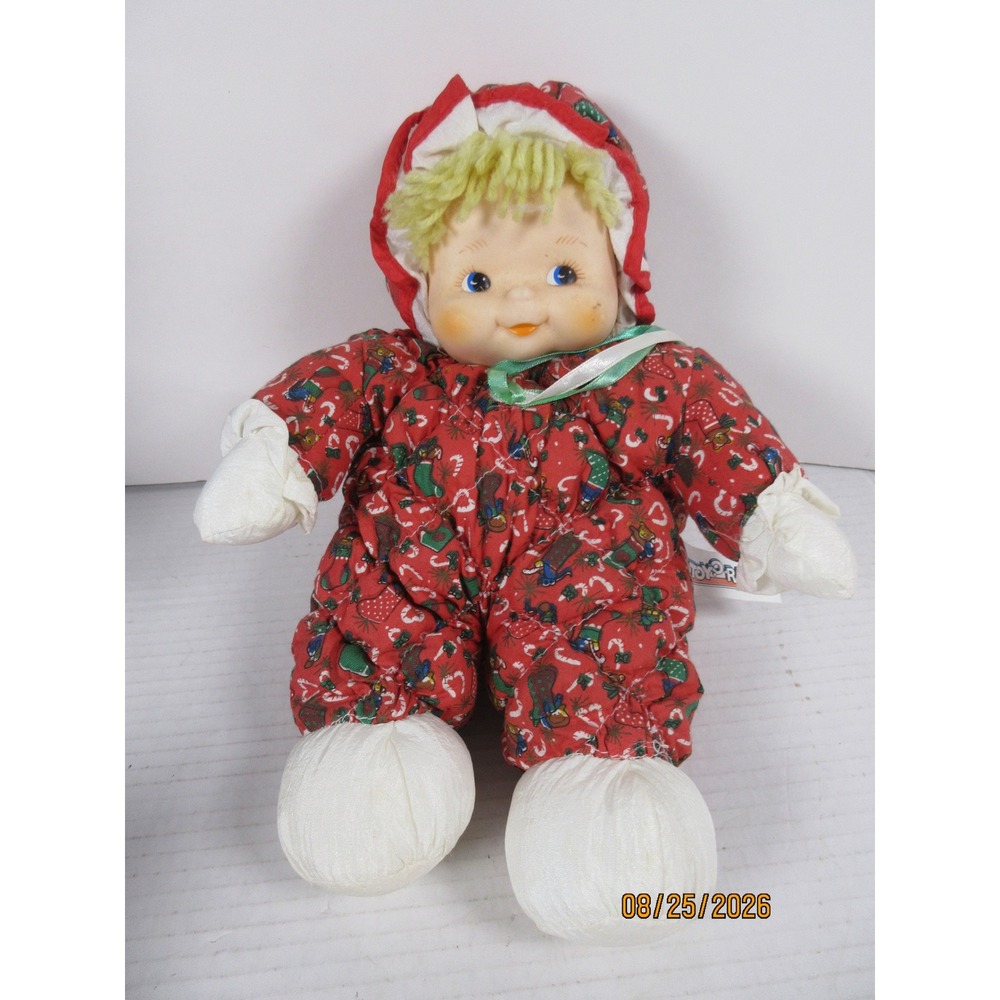 Vintage Toy-O-Rama Christmas Baby Doll Red Holiday Snowsuit Plush Blue Eyes 10in